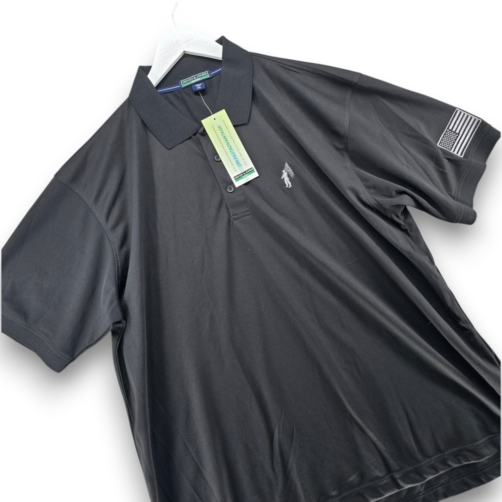 Devon Jones Sport Mens 2XL Black Polo Shirt Dri-Fast UPF 15 Flag Patch DG385 NWT
